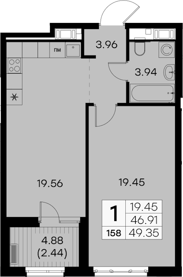 1-комнатная квартира 49.35 м², 3/7 эт., ЖК «Glorax City Балтийская»
